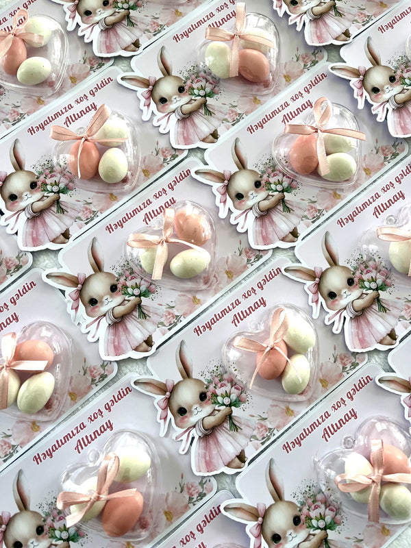 Bunny Girl Welcome Baby Favor Cards with Heart Dragee Dome Chocolate — Chocodad Baku