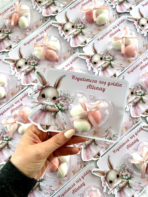 Bunny Girl Welcome Baby Favor Cards with Heart Dragee Dome Chocolate — Chocodad Baku