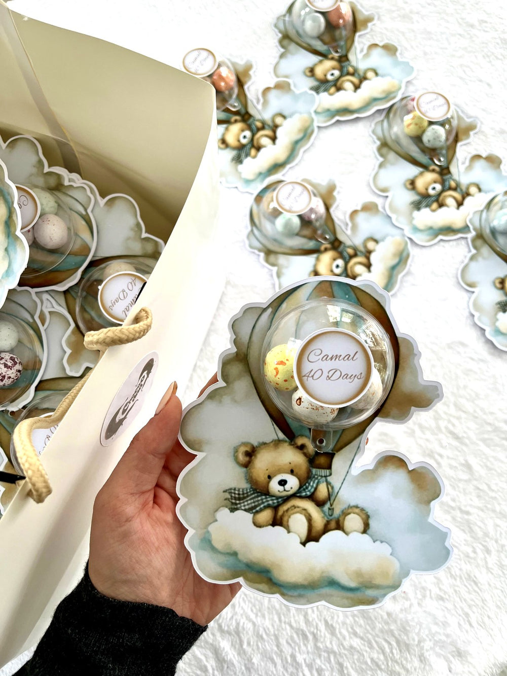 Teddy on a Cloud Hot Air Balloon Favors with Dragee Chocolate Dome — Chocodad Baku