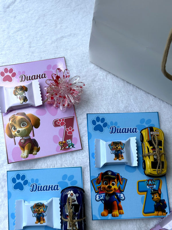 Paw Patrol Birthday Favor Cards with Toy Car and Flower Hair Brooch — Chocodad Baku