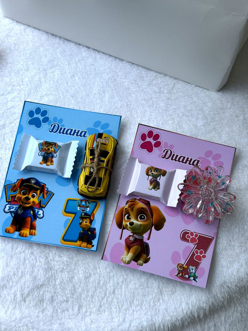 Paw Patrol Birthday Favor Cards with Toy Car and Flower Hair Brooch — Chocodad Baku