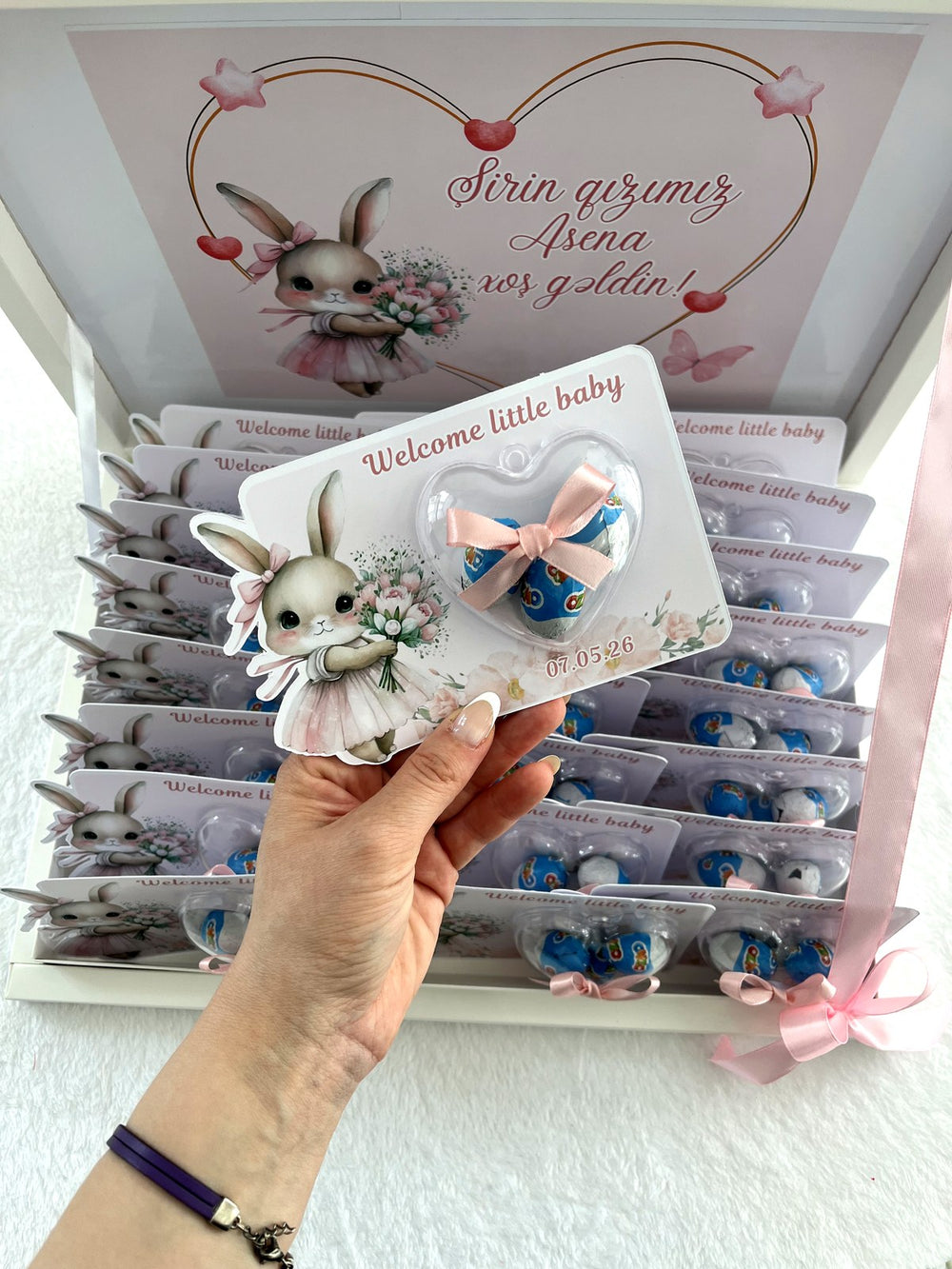 Bunny Welcome Little Baby Favor Cards with 20 Heart Ozmo Egg Chocolate & Box — Chocodad Baku