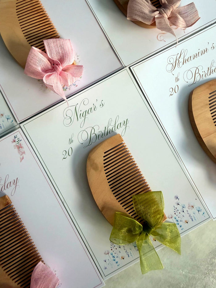 Wooden Comb Birthday Favor Cards with Organza Bow — Chocoodad Baku