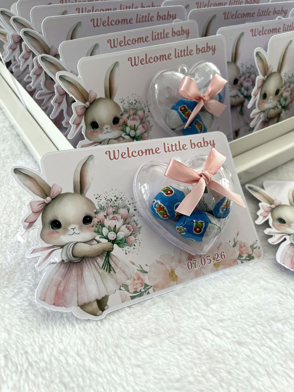 Bunny Welcome Little Baby Favor Cards with 20 Heart Ozmo Egg Chocolate & Box — Chocodad Baku
