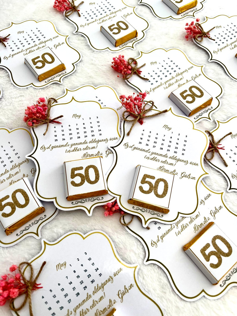 50th Anniversary Calendar Favor Cards with Gold 50 Chocolate & Dried Flowers — Chocodad Baku