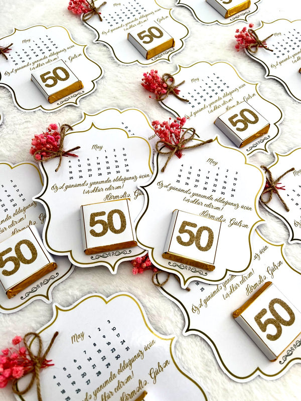 50th Anniversary Calendar Favor Cards with Gold 50 Chocolate & Dried Flowers — Chocodad Baku