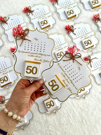 50th Anniversary Calendar Favor Cards with Gold 50 Chocolate & Dried Flowers — Chocodad Baku