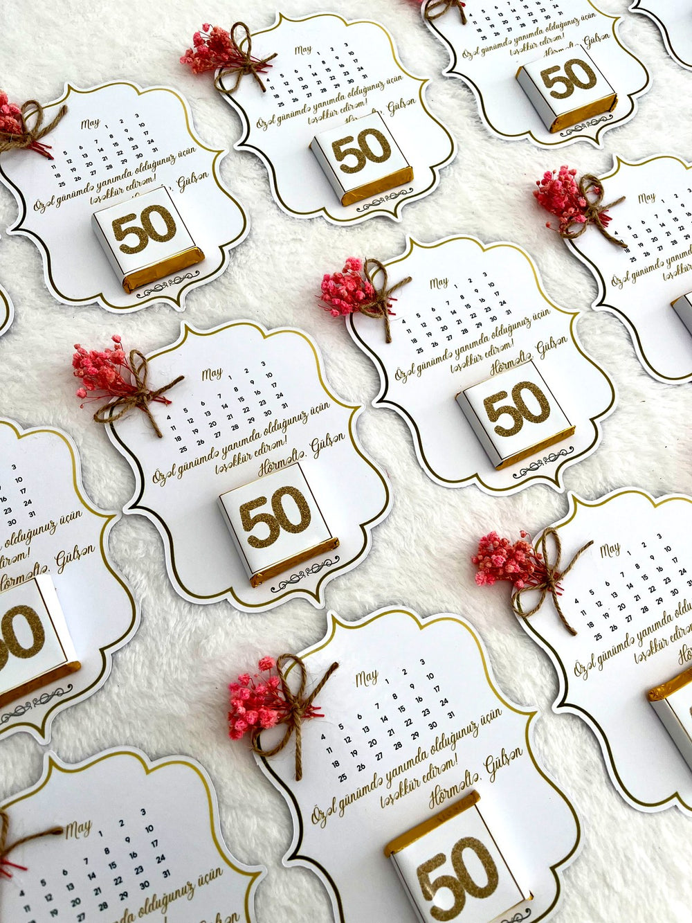 50th Anniversary Calendar Favor Cards with Gold 50 Chocolate & Dried Flowers — Chocodad Baku