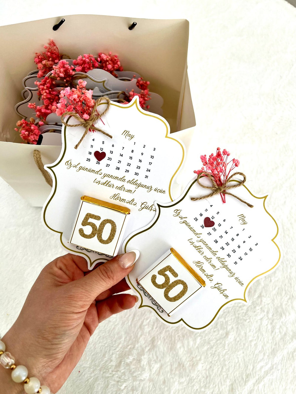 50th Anniversary Calendar Favor Cards with Gold 50 Chocolate & Dried Flowers — Chocodad Baku