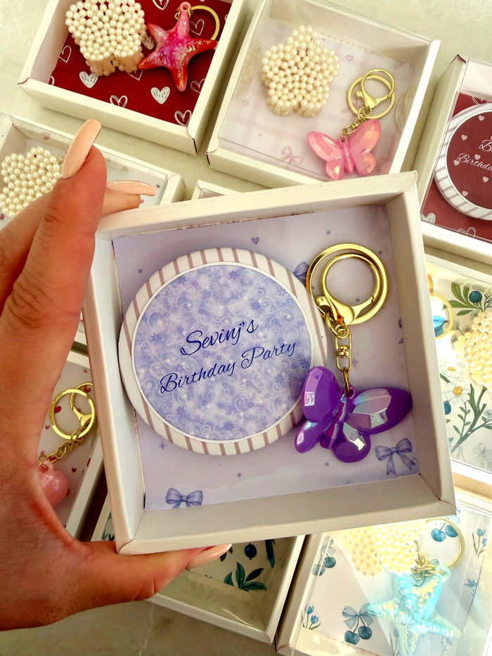 Mixed Accessory Birthday Favor Boxes Five Keychains and a Mirror — Chocoodad Baku