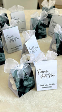 Dark Marble Pyramid Wedding Favor Boxes with Almond Chocolate Dragées — Chocoodad Baku