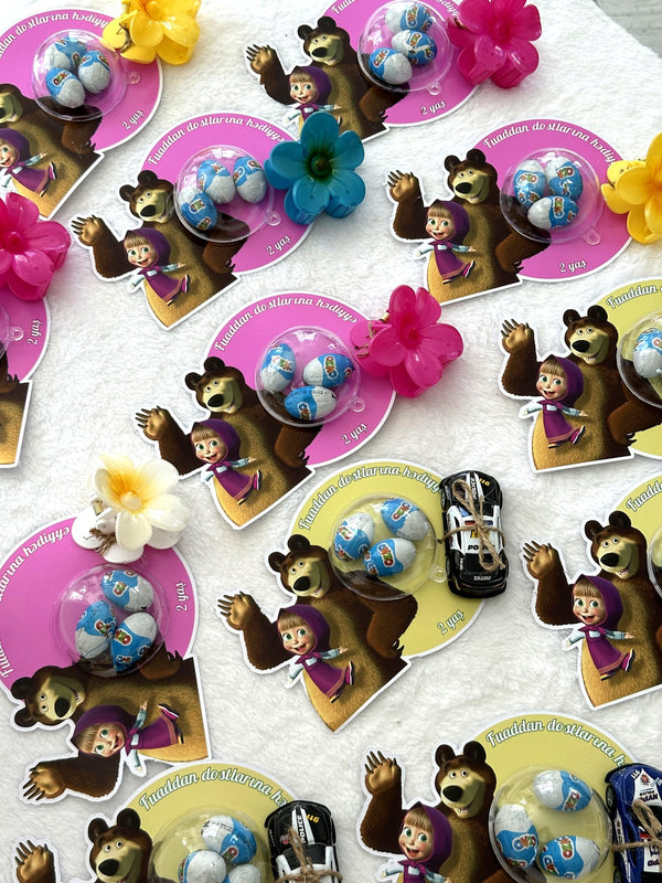 Masha and the Bear Birthday Favor Cards with Ozmo Egg Chocolates & Gift Accessory — Chocodad Baku