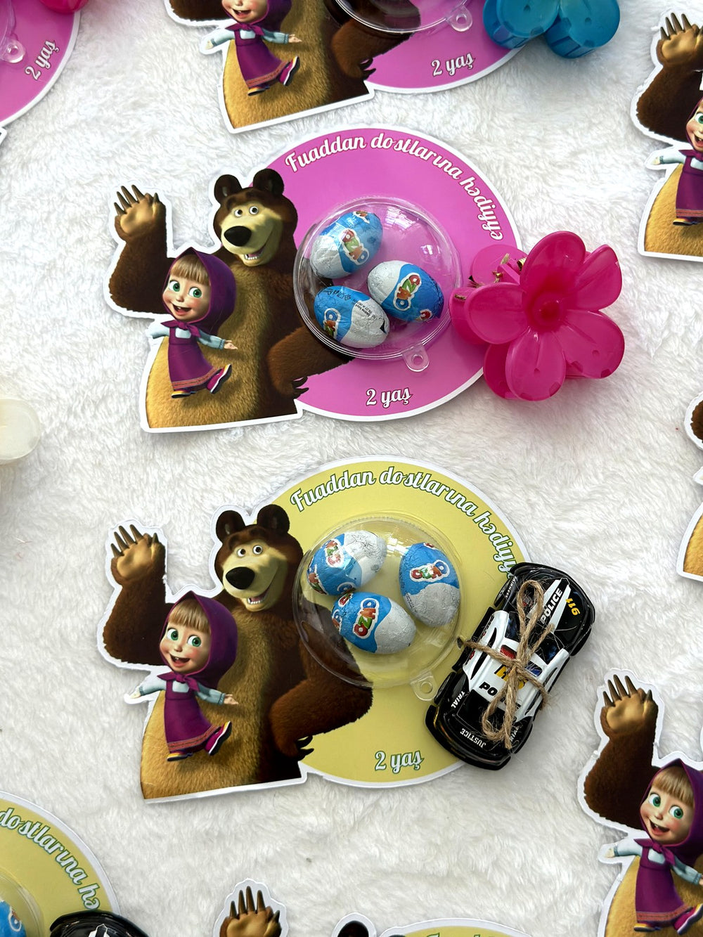 Masha and the Bear Birthday Favor Cards with Ozmo Egg Chocolates & Gift Accessory — Chocodad Baku