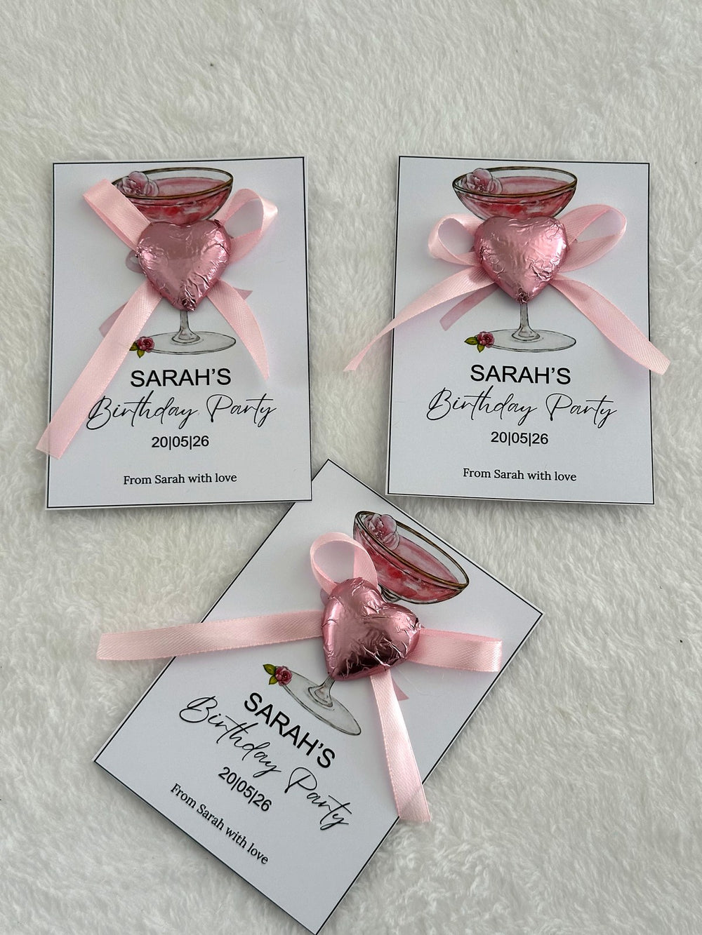 Cocktail Glass Birthday Party Favor Cards with Pink Heart Chocolate — Chocodad Baku