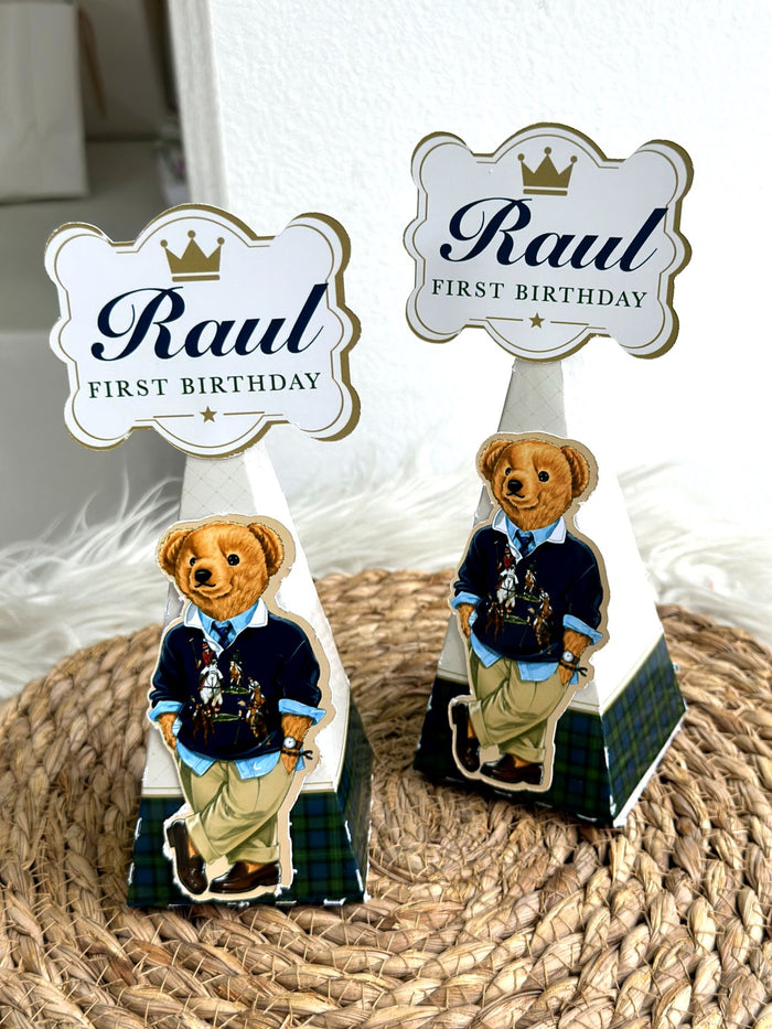 Preppy Teddy Bear 1st Birthday Pyramid Boxes Crown Topper, 1 Milky Chocolate Included — Chocoodad Baku