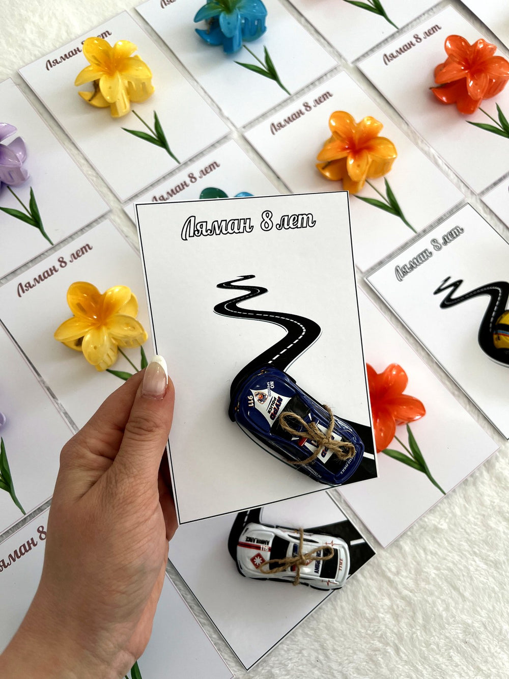 Flower and Road Birthday Favor Cards with Lotus Hair Clip and Toy Car — Chocodad Baku