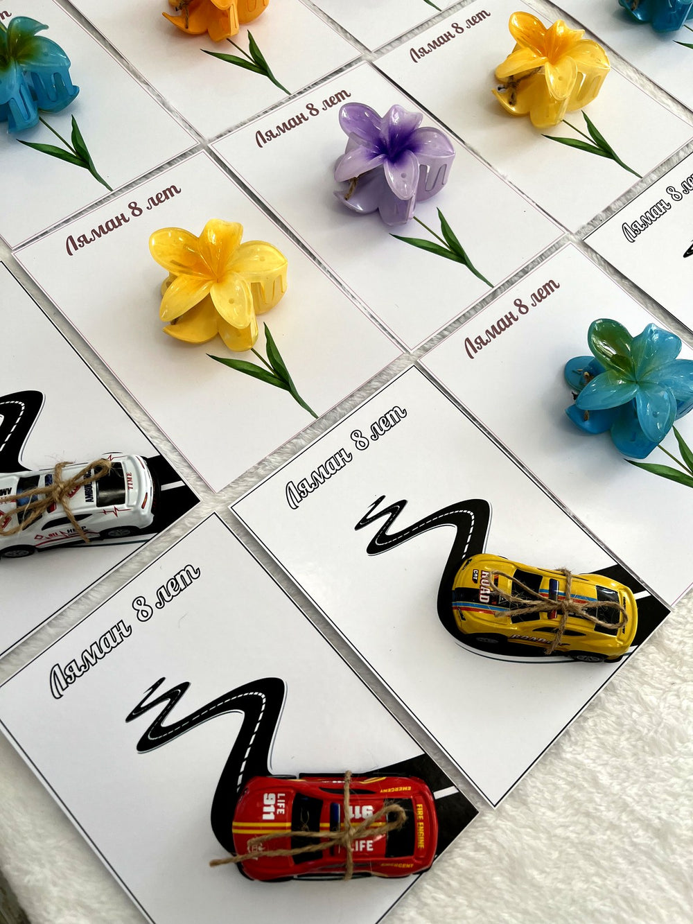 Flower and Road Birthday Favor Cards with Lotus Hair Clip and Toy Car — Chocodad Baku