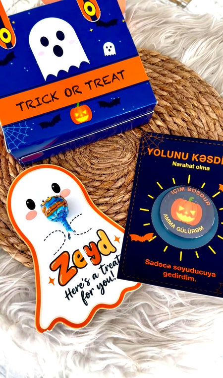 Kabus formalı Halloween paylamalıq kartı – lolipop kart və yaxa sancağı ilə birgə