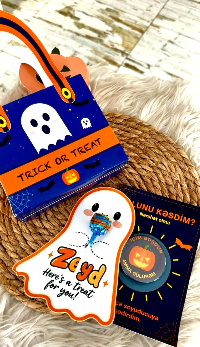 Kabus formalı Halloween paylamalıq kartı – lolipop kart və yaxa sancağı ilə birgə