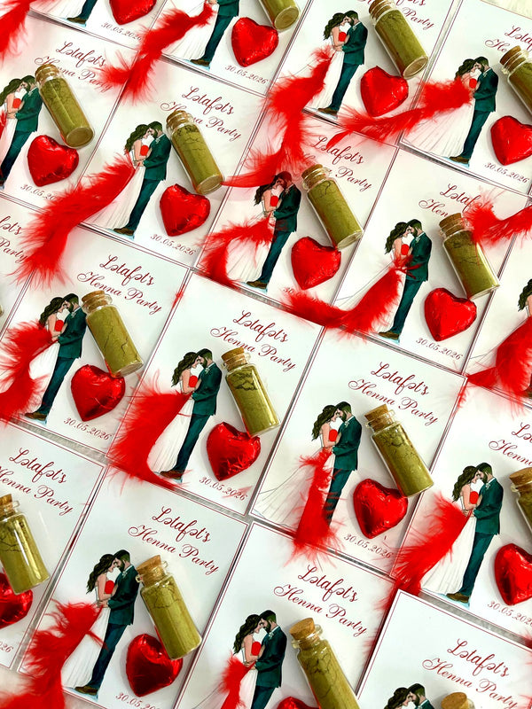Couple with Red Feathers Henna Party Favor Cards with Heart Chocolate & Henna Vial — Chocodad Baku
