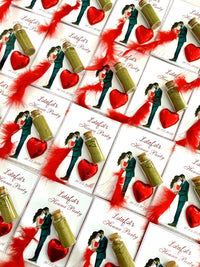 Couple with Red Feathers Henna Party Favor Cards with Heart Chocolate & Henna Vial — Chocodad Baku