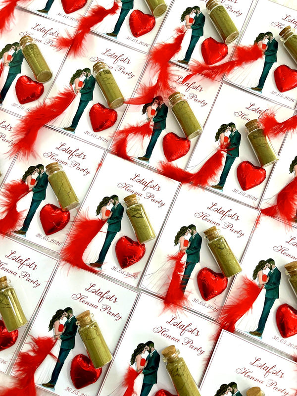 Couple with Red Feathers Henna Party Favor Cards with Heart Chocolate & Henna Vial — Chocodad Baku