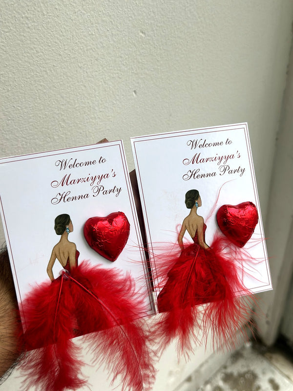 Red Feather Dress Henna Party Favor Cards with Heart Chocolate — Chocodad Baku