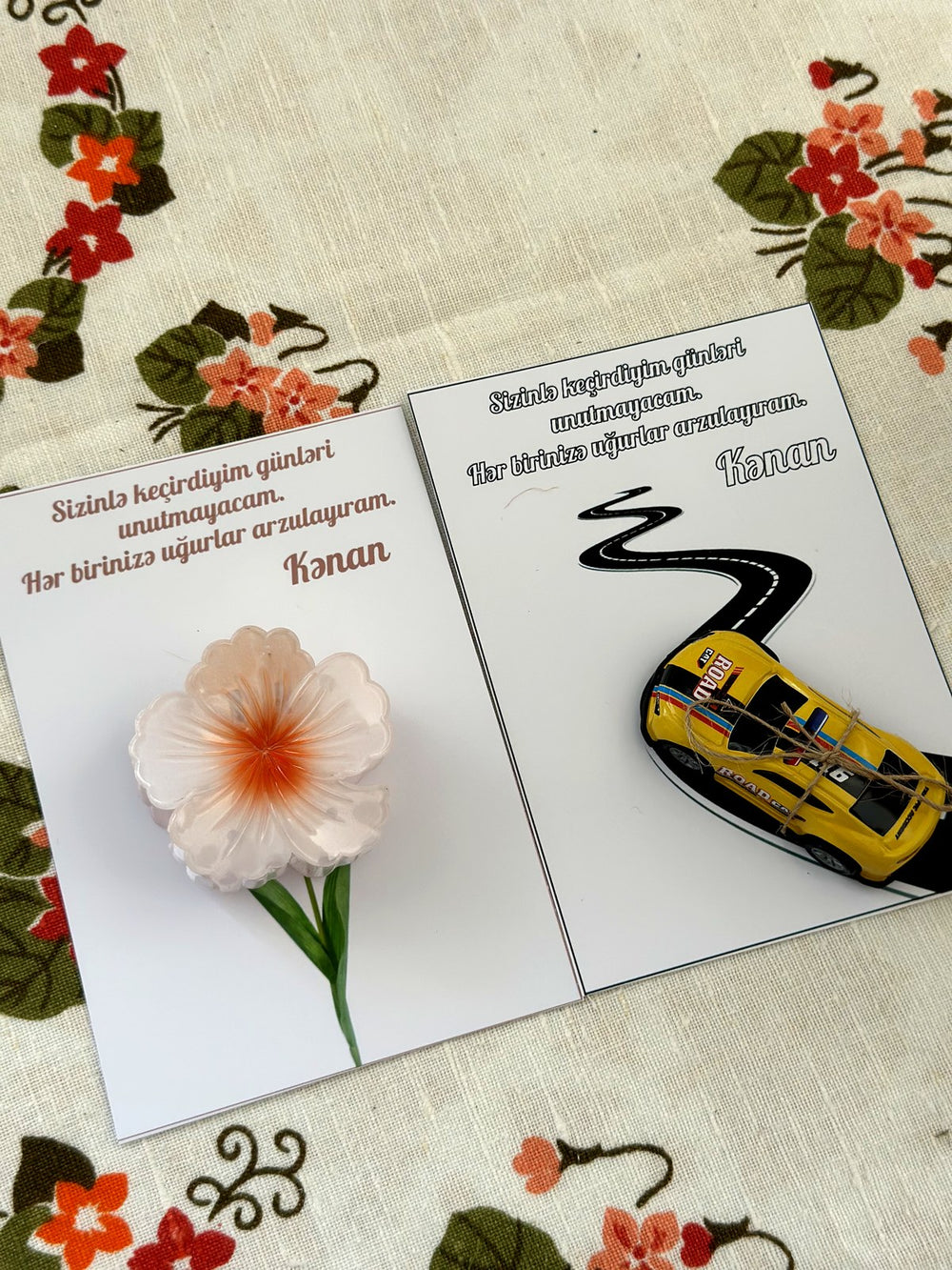 Flower and Road Birthday Favor Cards with Lotus Hair Clip and Toy Car — Chocodad Baku