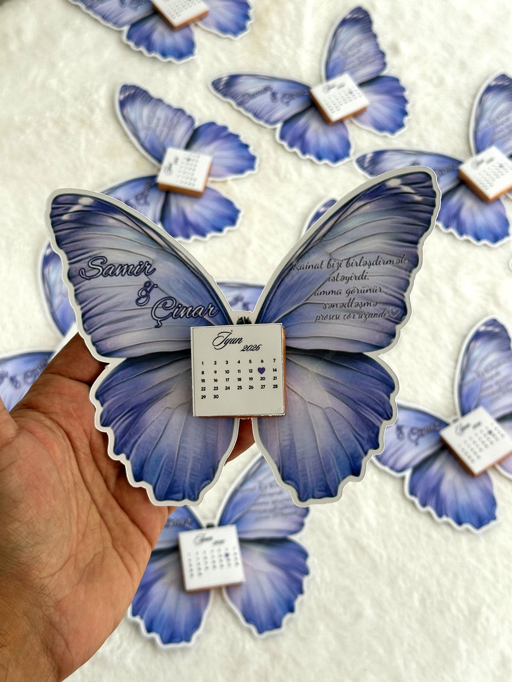 Dark Purple Butterfly Calendar Favor Cards with Calendar Chocolate — Chocodad Baku