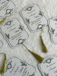 Green Floral Frame Wedding Favor Cards with Gold Tassel — Chocodad Baku