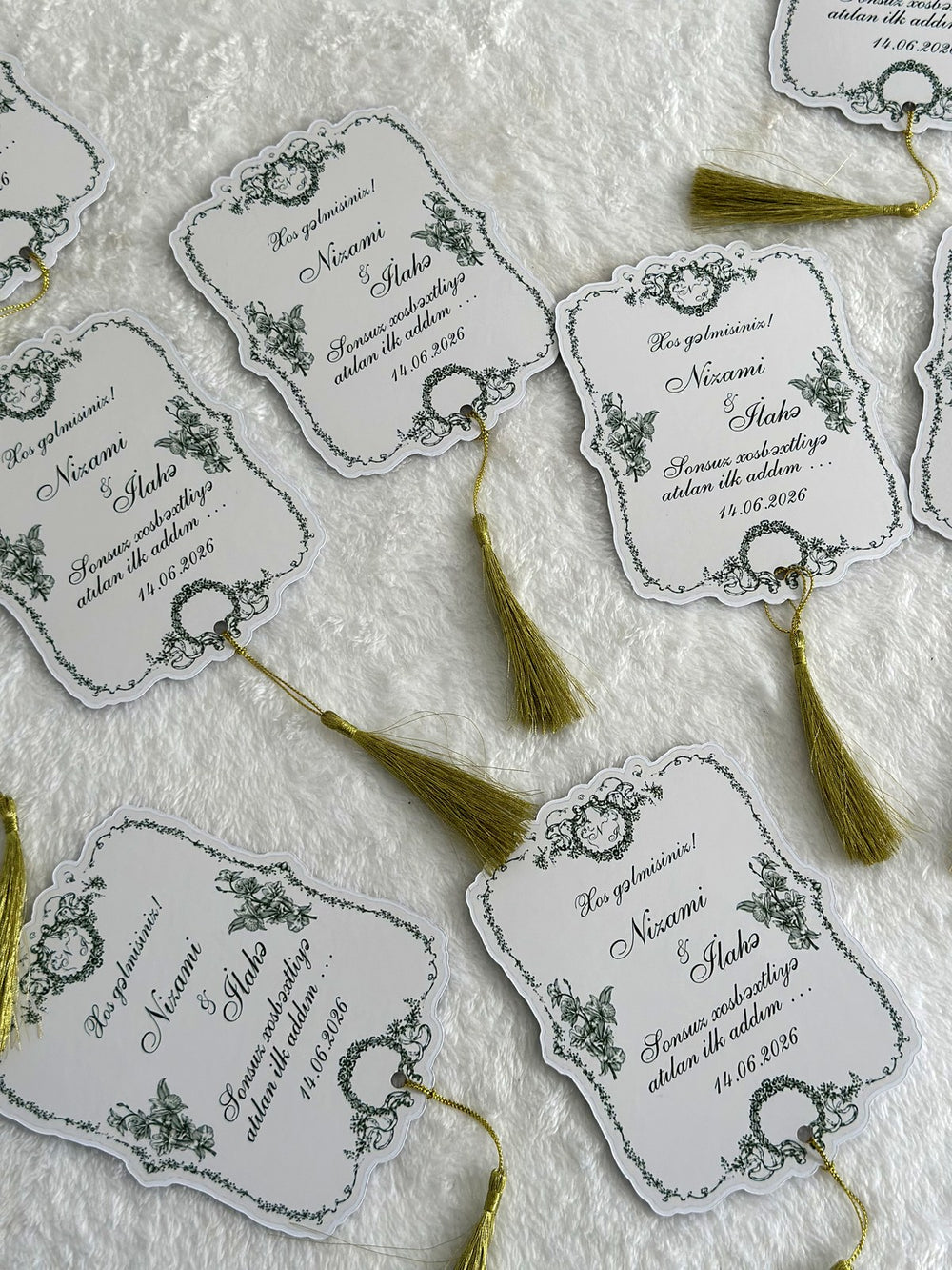Green Floral Frame Wedding Favor Cards with Gold Tassel — Chocodad Baku