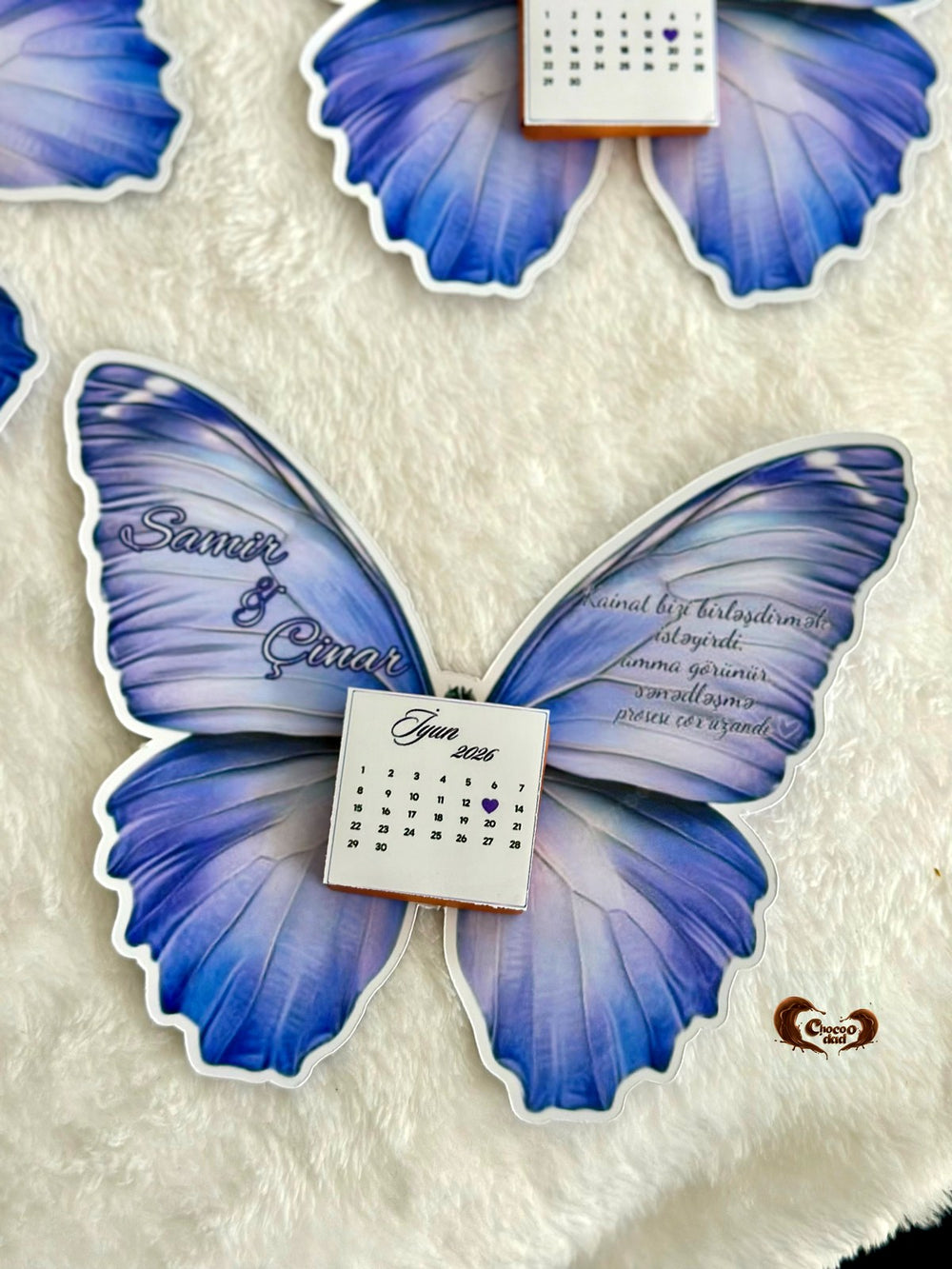 Dark Purple Butterfly Calendar Favor Cards with Calendar Chocolate — Chocodad Baku