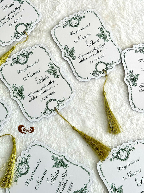 Green Floral Frame Wedding Favor Cards with Gold Tassel — Chocodad Baku