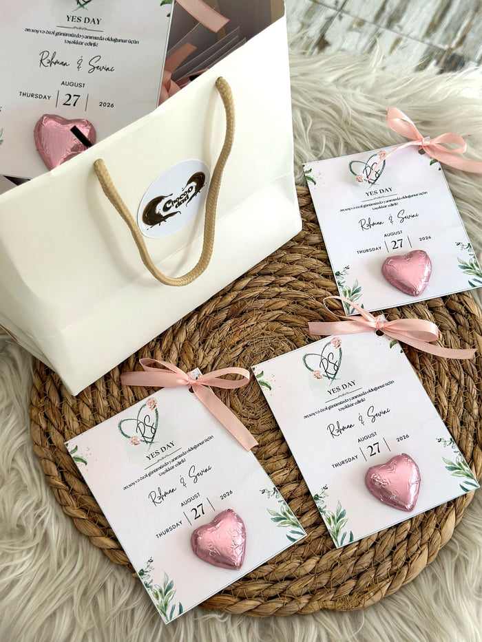Yes Day Favor Chocolate Card with Pink Heart Chocolate — Chocoodad Baku