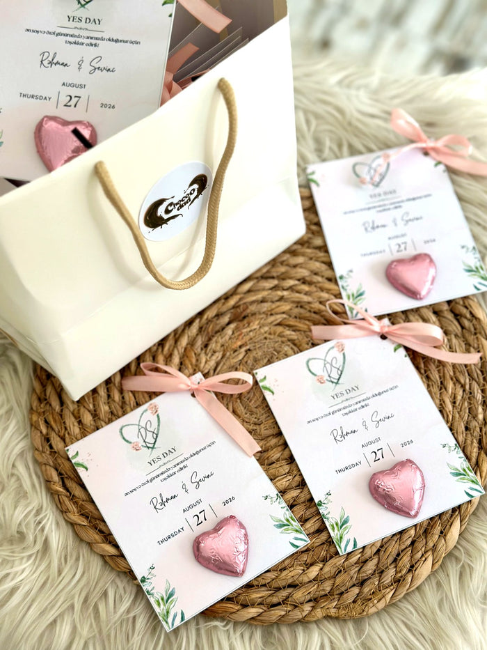 Yes Day Favor Chocolate Card with Pink Heart Chocolate — Chocoodad Baku