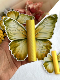Olive Butterfly Birthday Party Favor Cards with Gold Chocolate Bar — Chocodad Baku