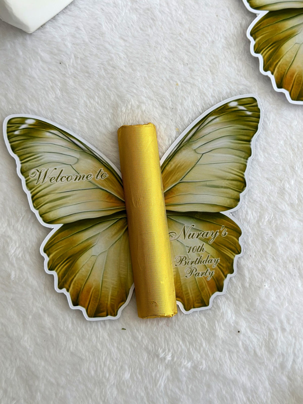 Olive Butterfly Birthday Party Favor Cards with Gold Chocolate Bar — Chocodad Baku