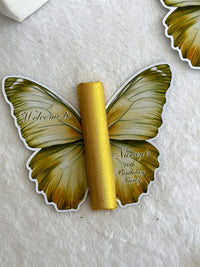 Olive Butterfly Birthday Party Favor Cards with Gold Chocolate Bar — Chocodad Baku