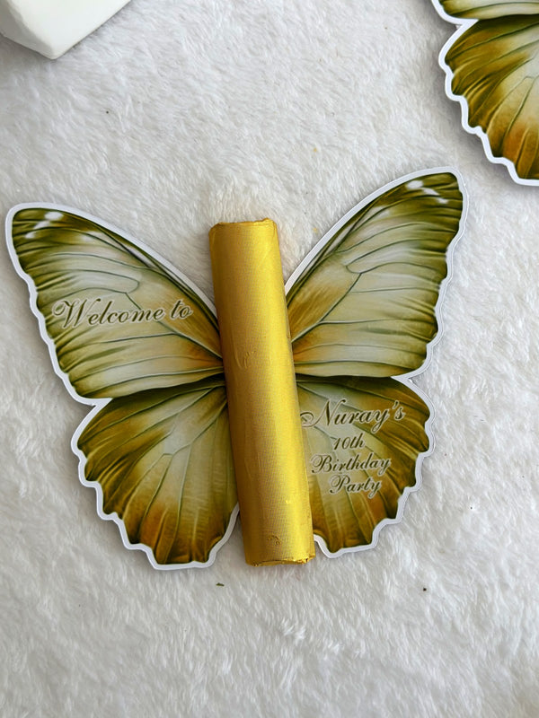 Olive Butterfly Birthday Party Favor Cards with Gold Chocolate Bar — Chocodad Baku