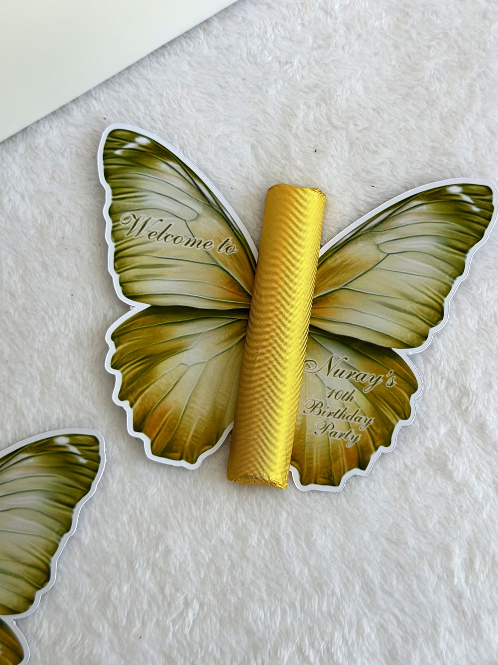 Olive Butterfly Birthday Party Favor Cards with Gold Chocolate Bar — Chocodad Baku