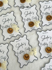 Wavy Frame Birthday Party Favor Cards with Gold Stamp & Dried Flowers — Chocodad Baku