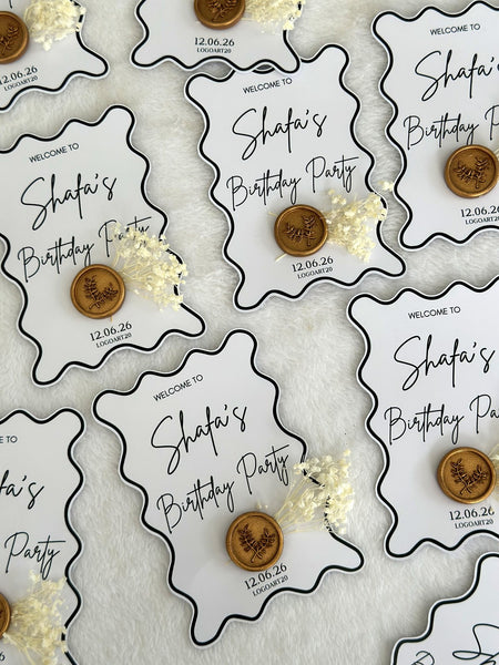 Wavy Frame Birthday Party Favor Cards with Gold Stamp & Dried Flowers — Chocoodad Baku