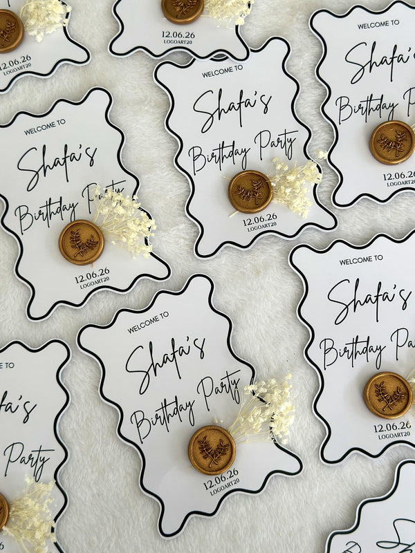 Wavy Frame Birthday Party Favor Cards with Gold Stamp & Dried Flowers — Chocodad Baku