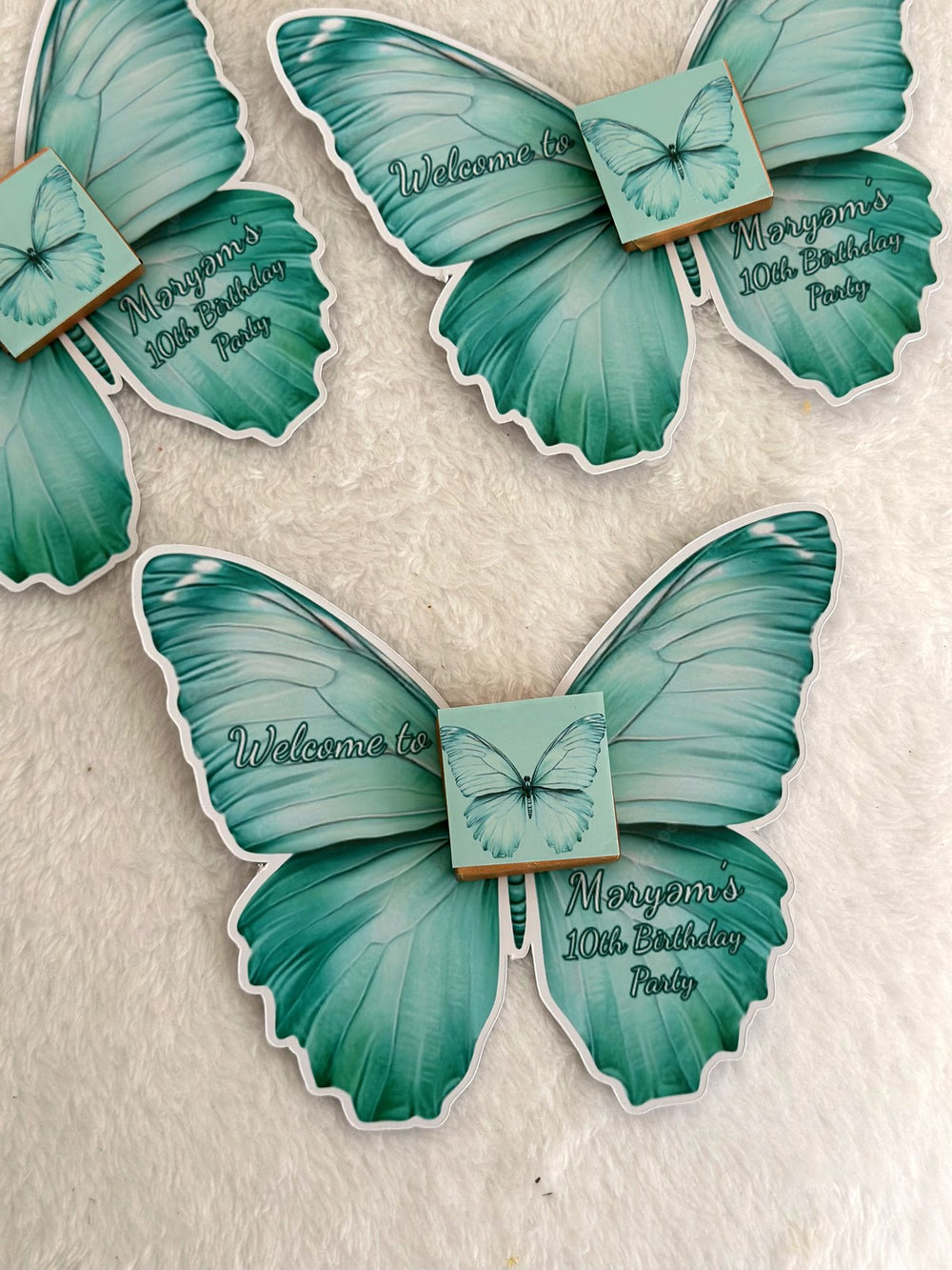 Teal Butterfly Birthday Party Favor Cards with Butterfly Chocolate — Chocodad Baku
