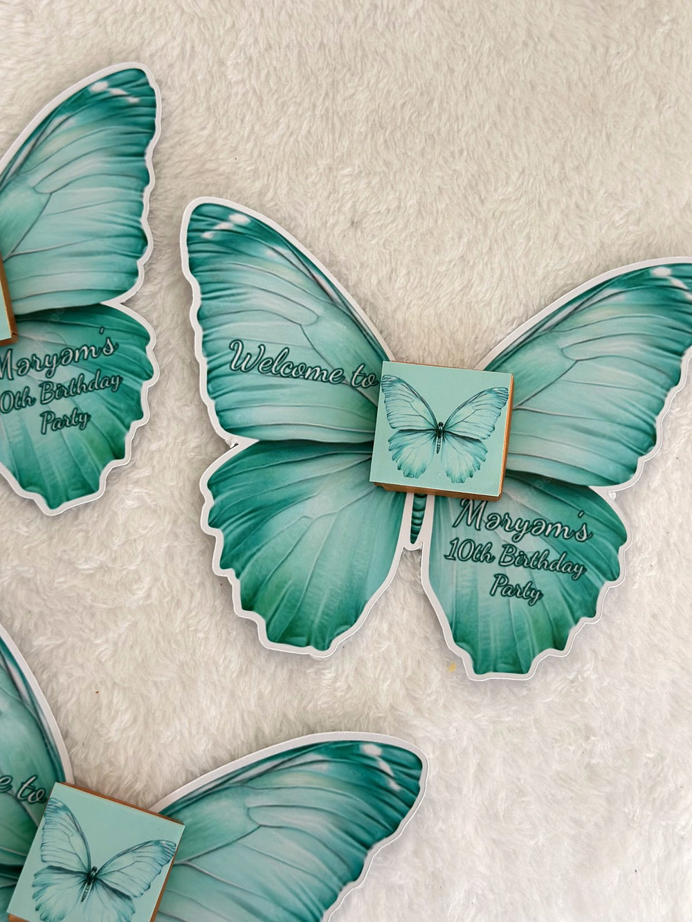 Teal Butterfly Birthday Party Favor Cards with Butterfly Chocolate — Chocodad Baku