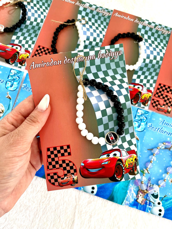 Frozen and Cars Birthday Favor Cards with Bead Bracelet — Chocodad Baku