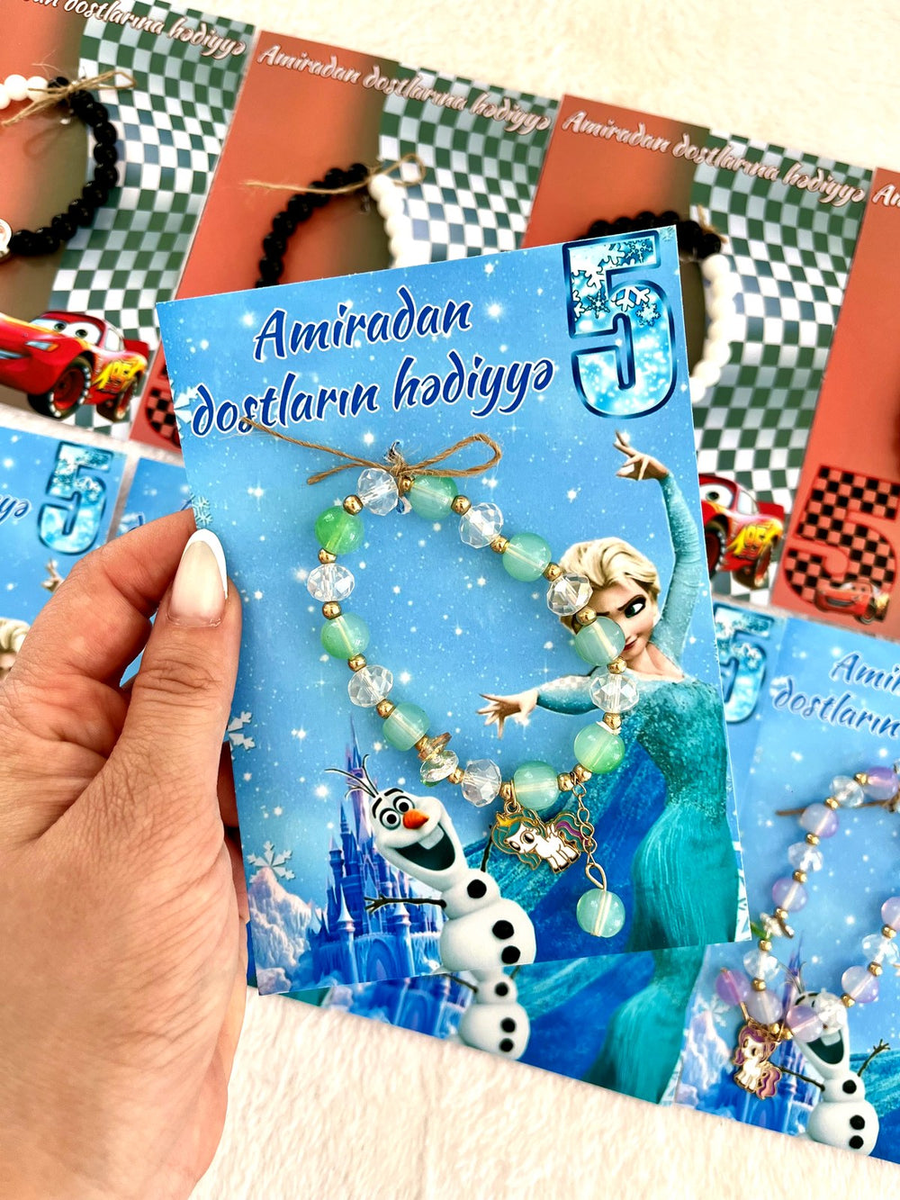 Frozen and Cars Birthday Favor Cards with Bead Bracelet — Chocodad Baku