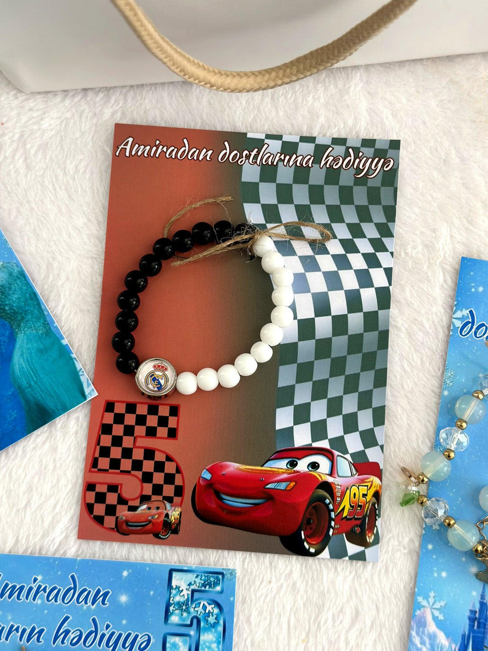 Frozen and Cars Birthday Favor Cards with Bead Bracelet — Chocodad Baku