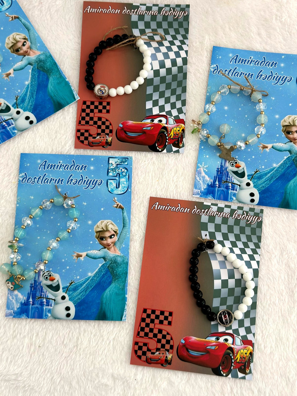 Frozen and Cars Birthday Favor Cards with Bead Bracelet — Chocodad Baku