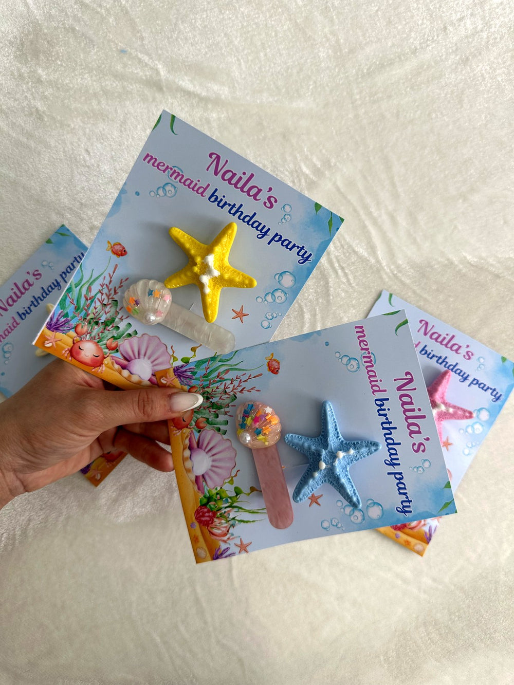 Mermaid Birthday Party Favor Cards with Starfish Hair Clips — Chocodad Baku
